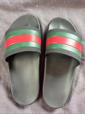Gucci Black Slides with Signature Green and Red Stripe